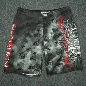 MMA Elite Shorts Mens Large Gray Black Skull Jiu‎ Jitsu Wrestling Training